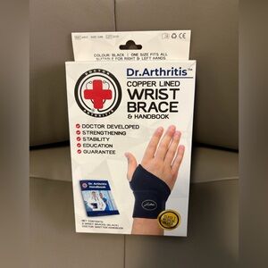 BNWB DR. ARTHRITIS COPPER LINED WRIST BRACE & HANDBOOK 1 SIZE LEFT OR RIGHT BLK